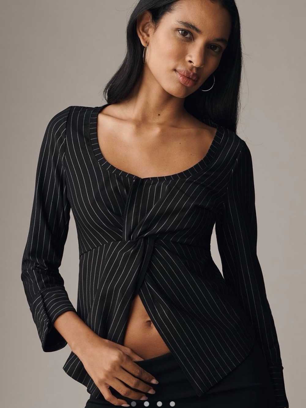 Maeve Black Pinstripe Twist-Front Blouse